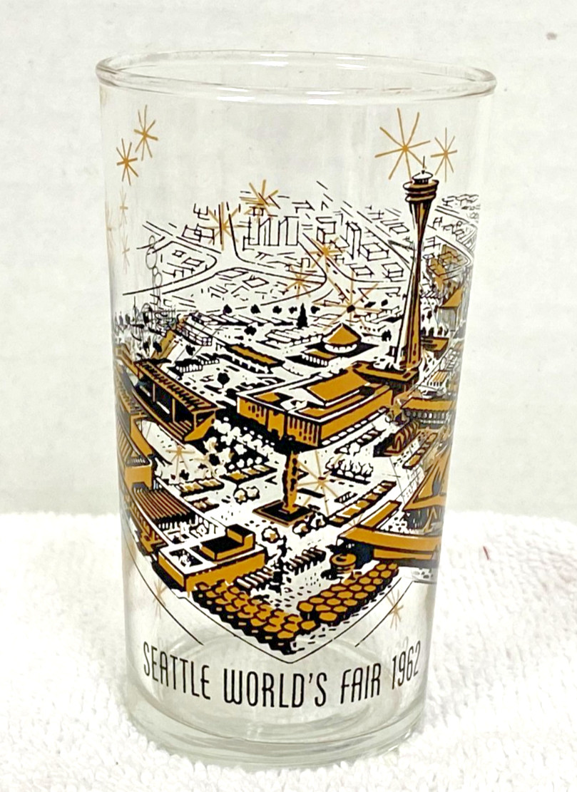 Vintage Seattle World\'s Fair Space Needle Pavilions Gold Black Glass Tumbler