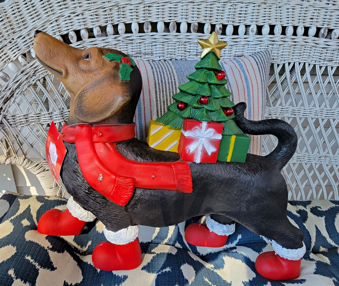Holiday Time Lighted Christmas DACHSHUND Dog Blow Mold Figurine w/ Tree & Gifts