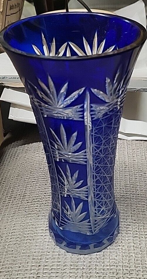 Vintage Bohemian Czech Cobalt Blue Hand Cut  Vase