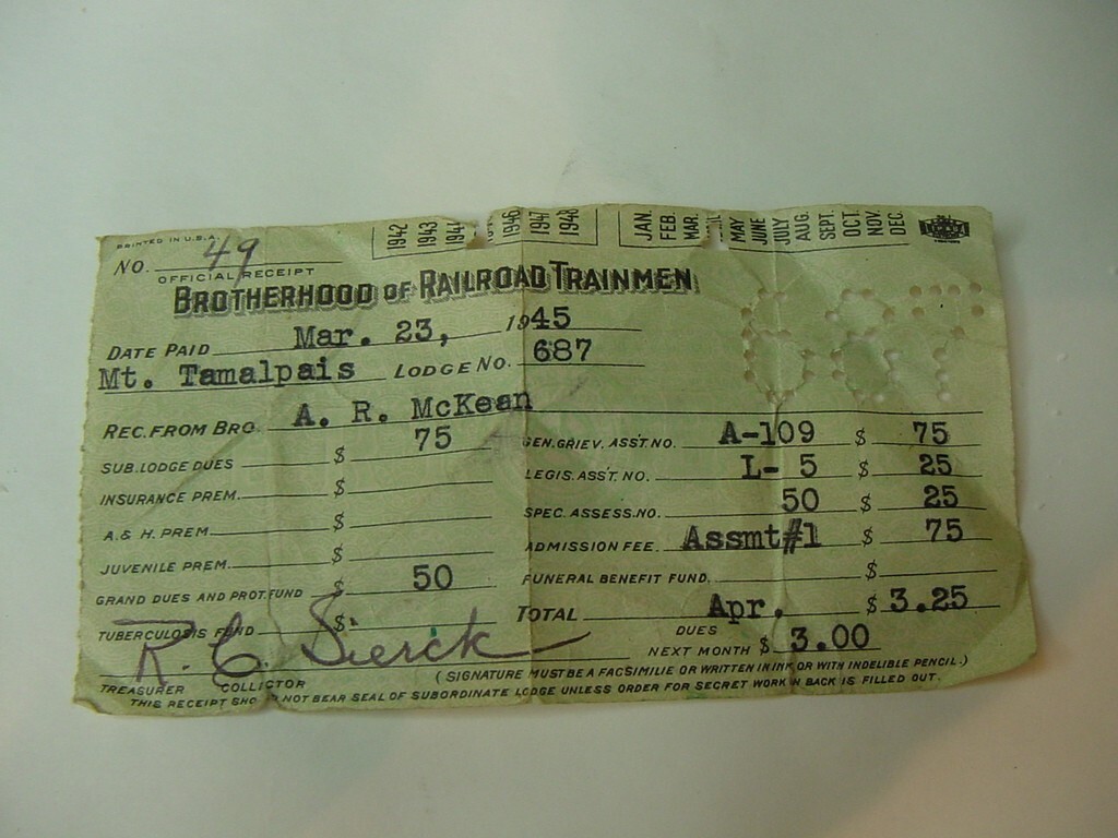 VTG 1945 BROTHERHOOD OF RAILROAD TRAINMEN MT TAMALPAIS LODGE RECEIPT