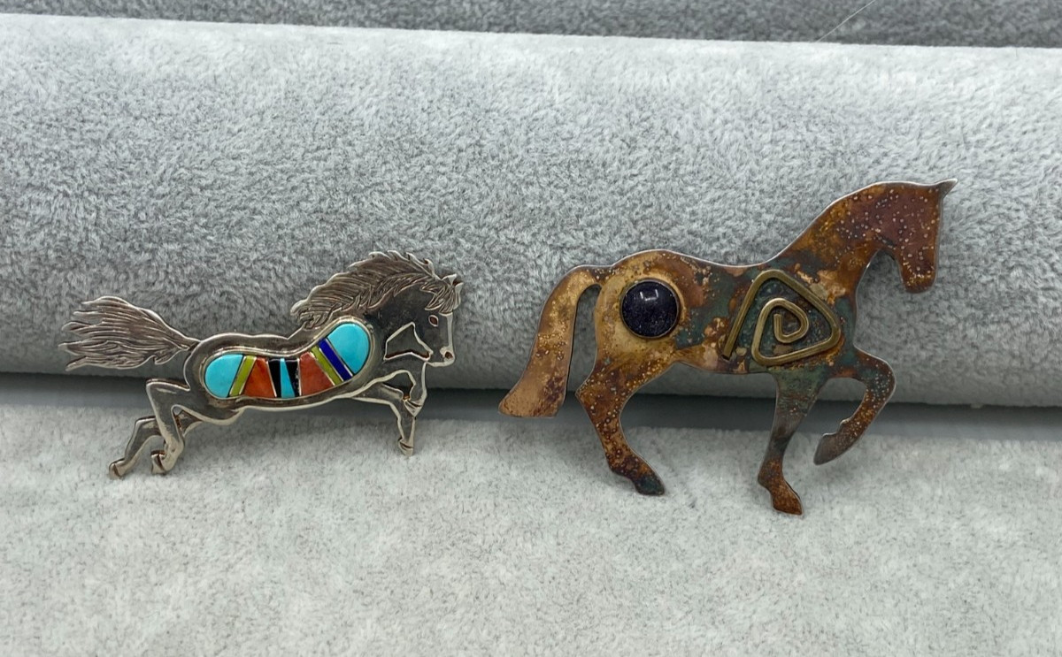 Southwest Calvin Begay inlaid Horse Sterling & Serendip Sterling Brooches