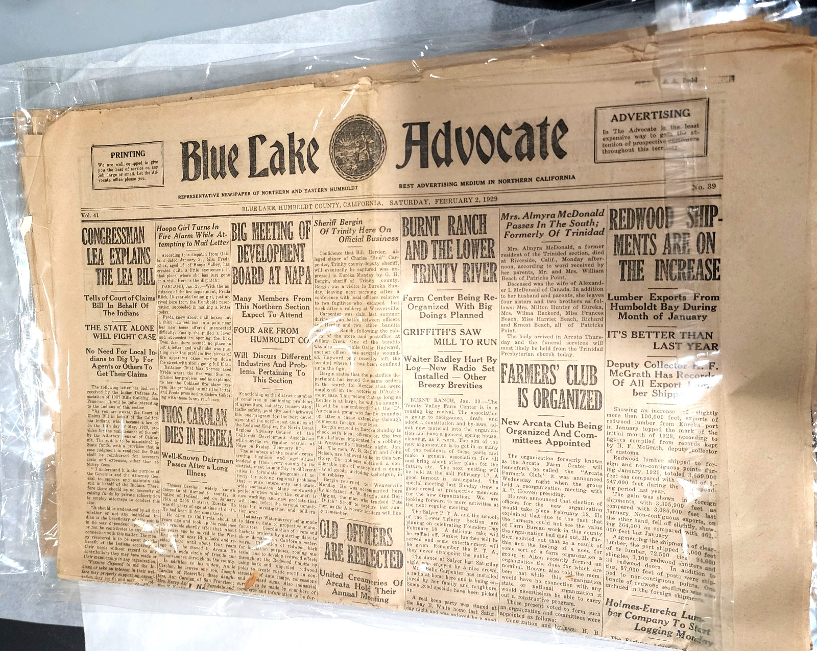 Vintage 1929 Blue Lake Advocate Newspaper Humboldt County California History