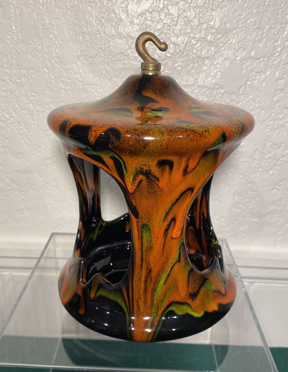 Vintage MCM Hanging Ceramic Ashtray Orange Black Drip Glaze Atomic Pagoda Hippie