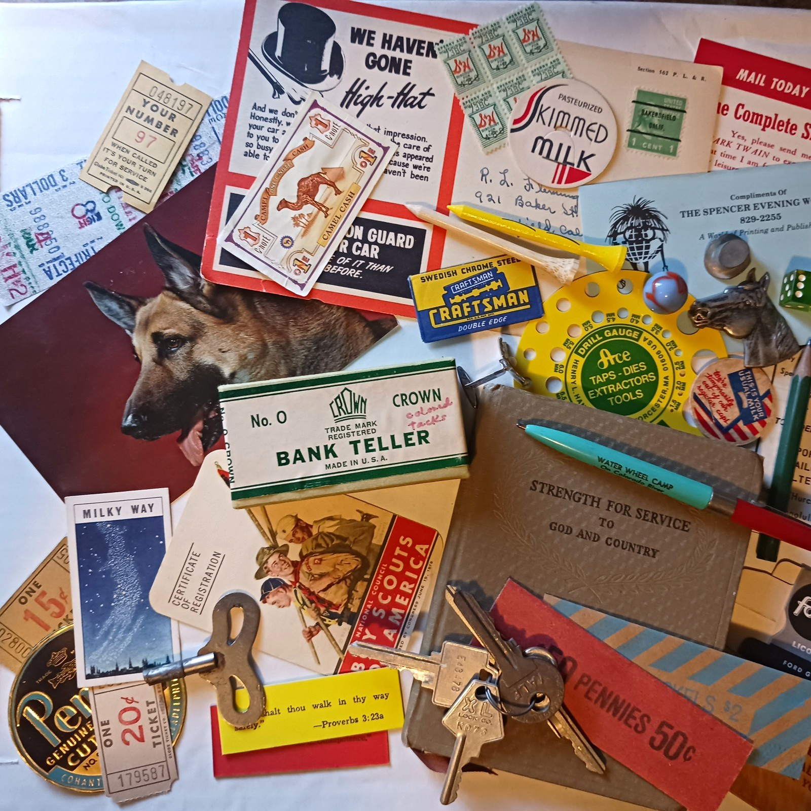 Vtg. Huge JUNK DRAWER LOT GRANDPA'S Collection Ephemera Ad Pen Marble Scout Card