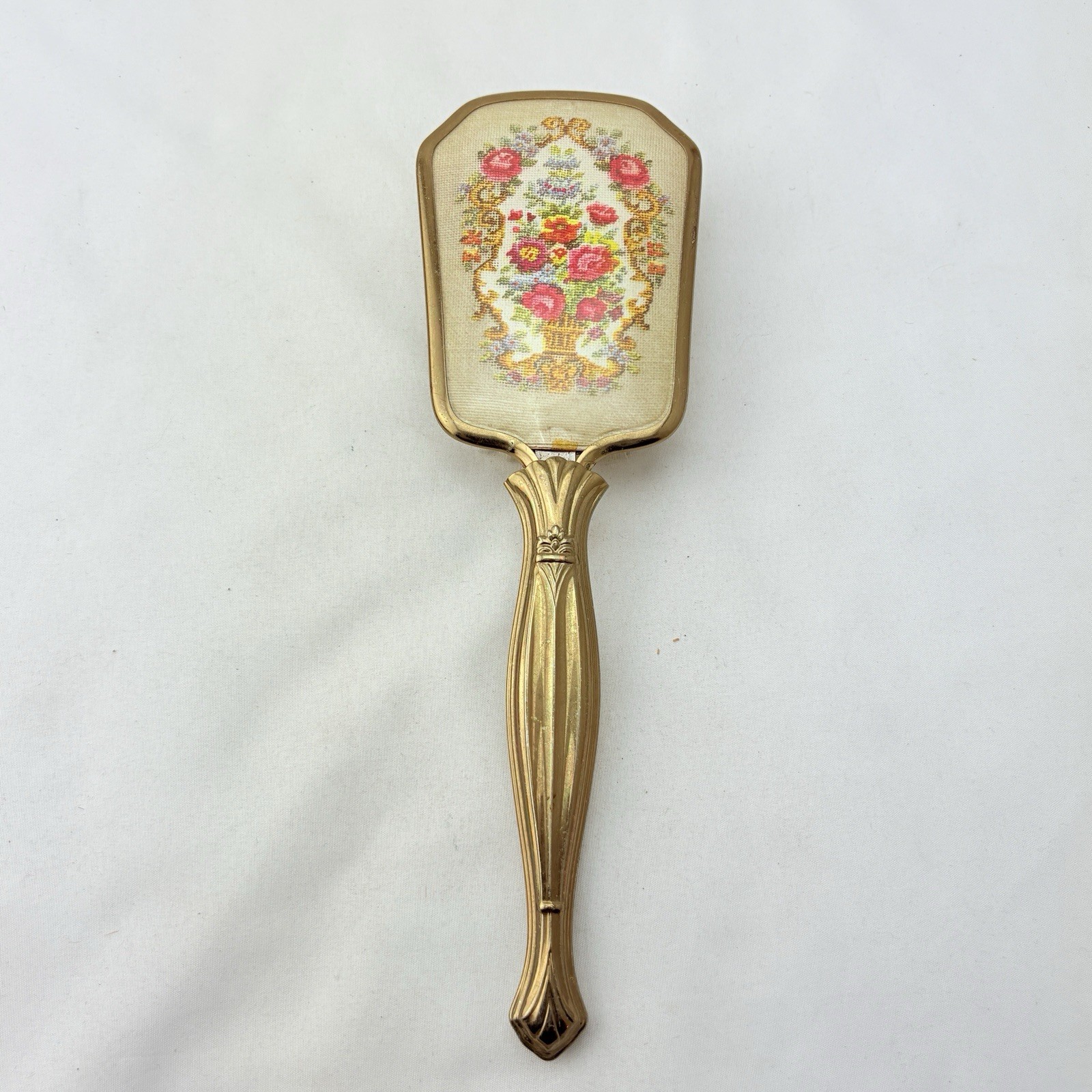 Antique Gold Handled Pink Flowers Floral Hairbrush Comb