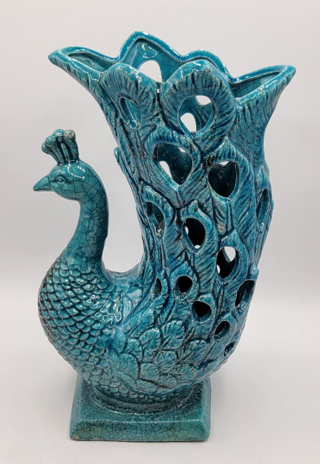 Turquoise Teal Green Ceramic Crackle Glaze Peacock Flower Vase 12\