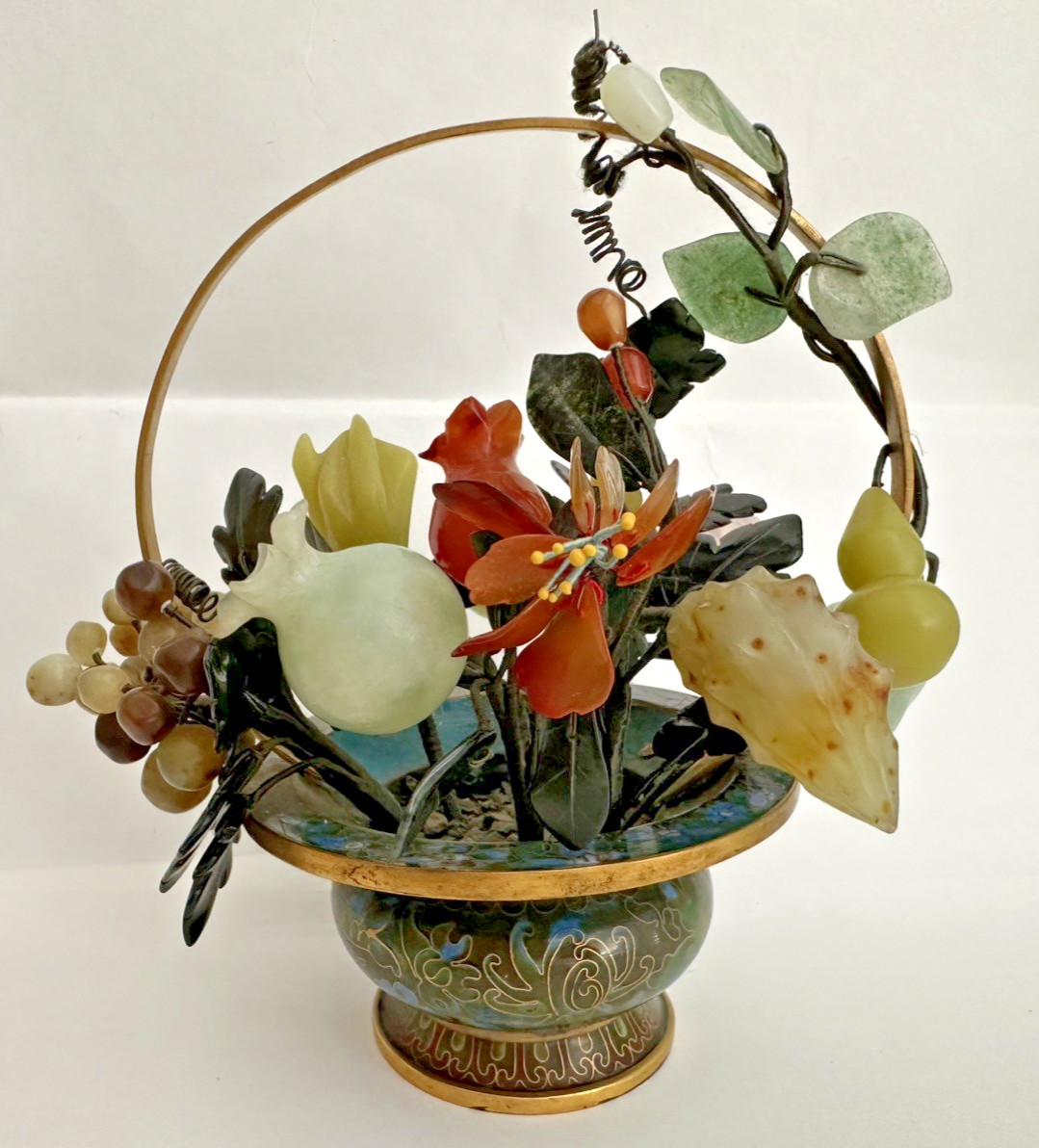 Vintage GUMP's Serpentine Jade &Precious Stone Cloisonne Floral Fruit Basket-MCt Vintage GUMP's Serpentine Jade &Precious Stone Cloisonne Floral Fruit Basket-MCt