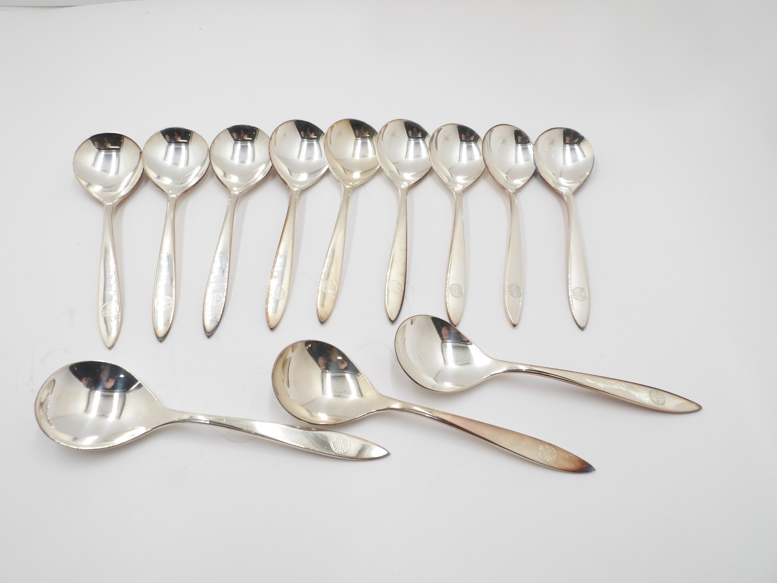 12 VTG Pan Am Airlines Exclusive Globe Logo I.S. CO. Silver Plated Soup Spoons