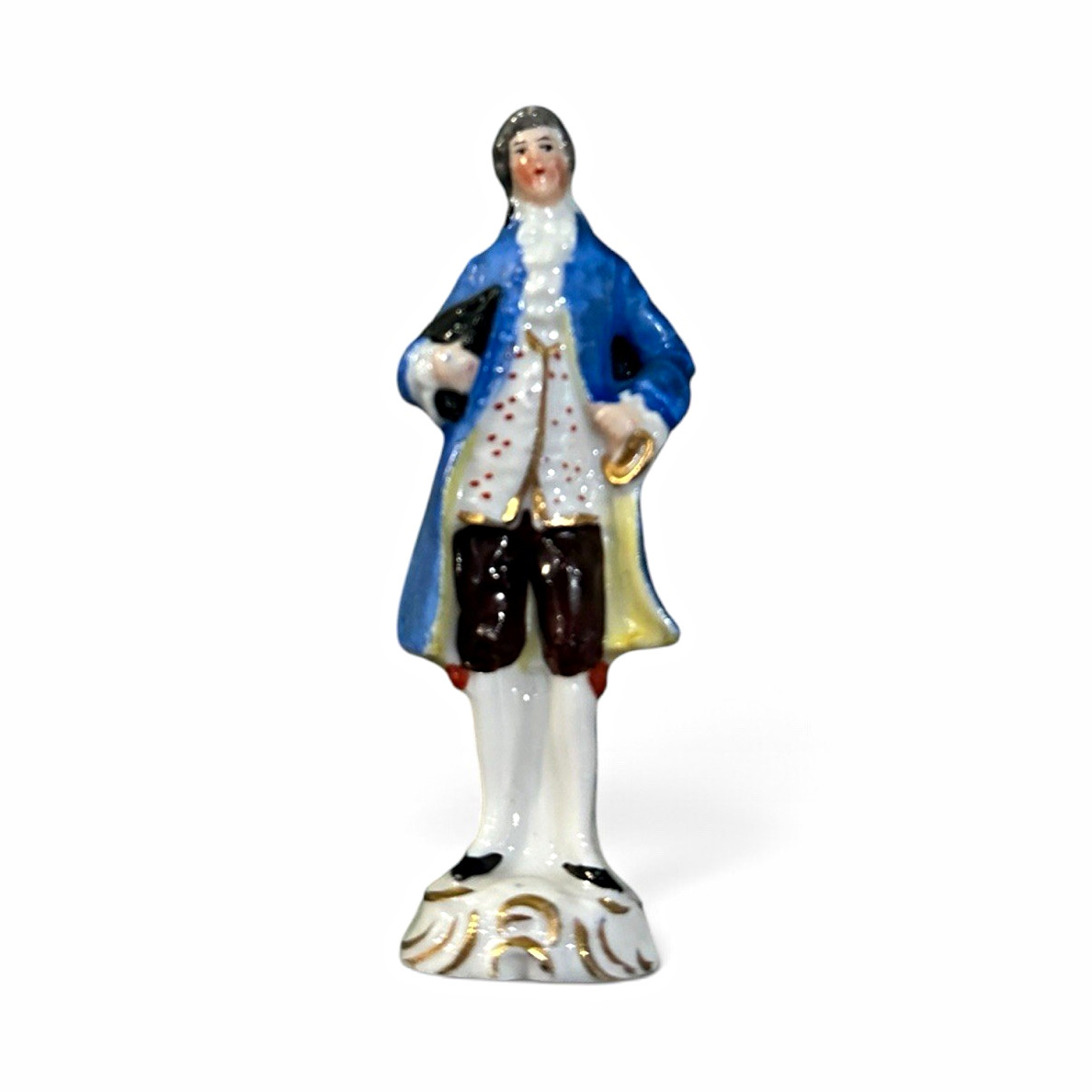 Vintage Miniature German Porcelain Colonial Gentleman Figurine Blue Frock Coat 3