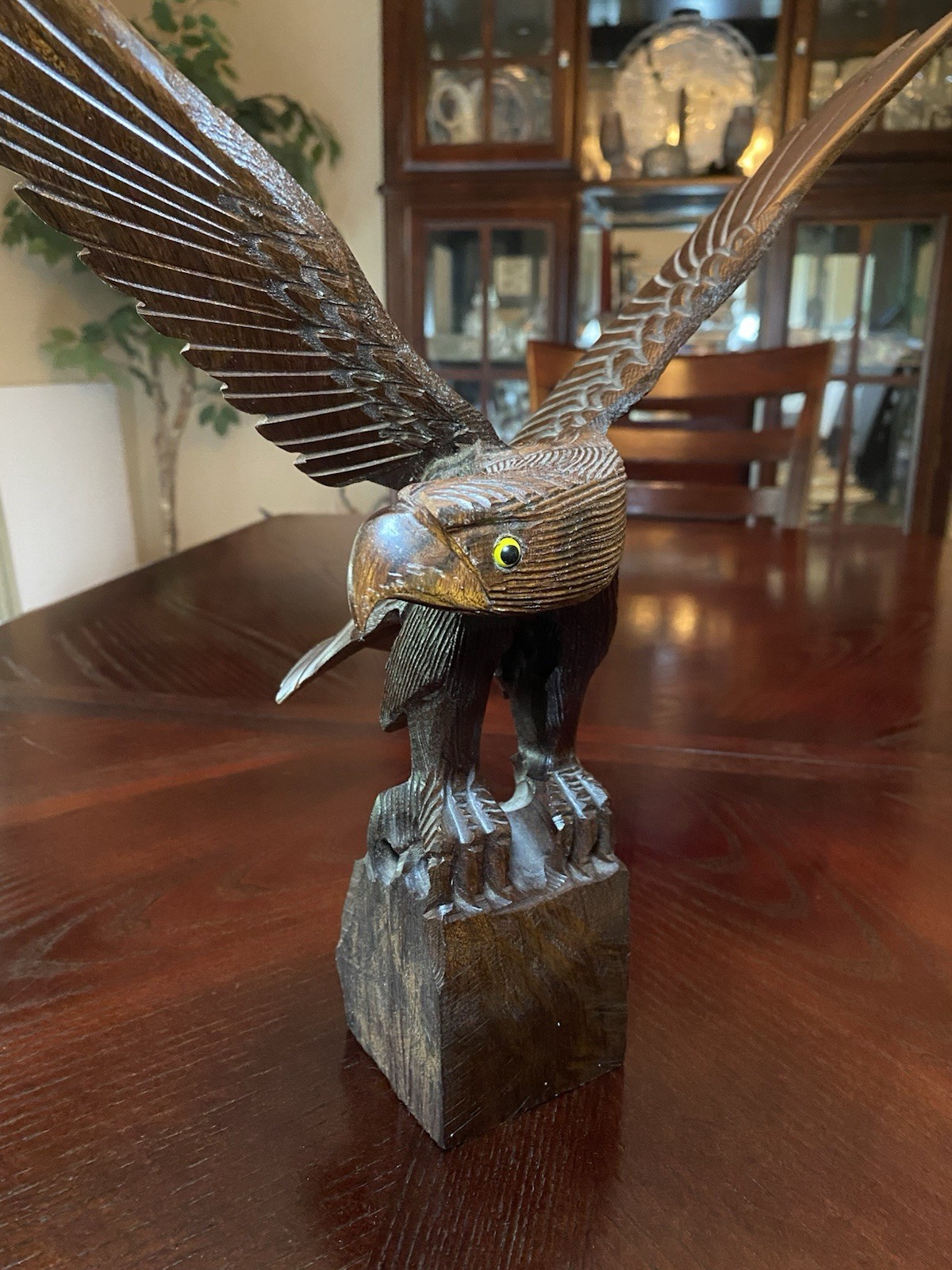 Hand Carved Ironwood Eagle Sculpture With Wings Spread Out Looking To Side 14x14