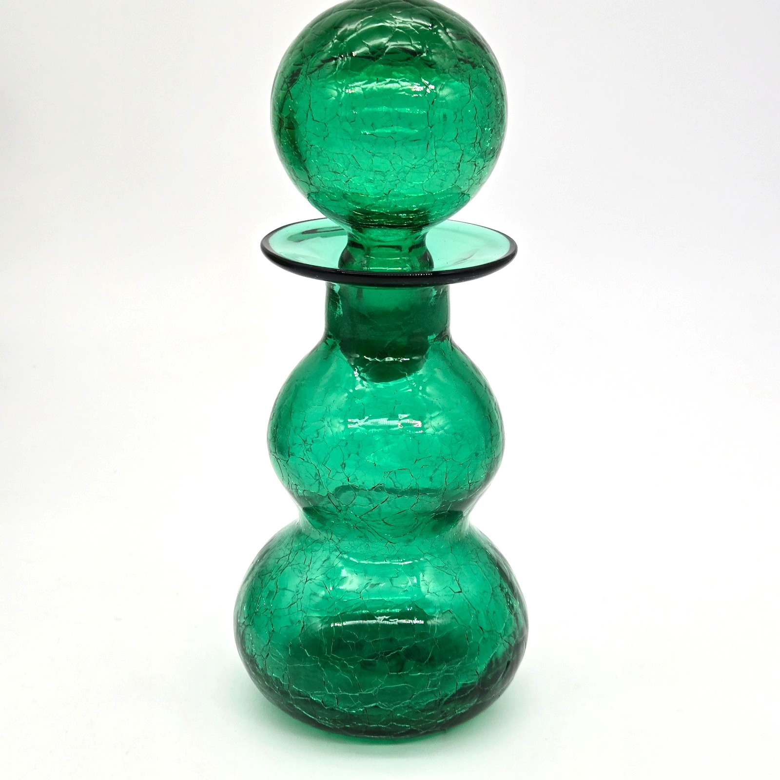 Vintage Emerald Green Rainbow Crackle Decanter & Bulb Stopper NICE