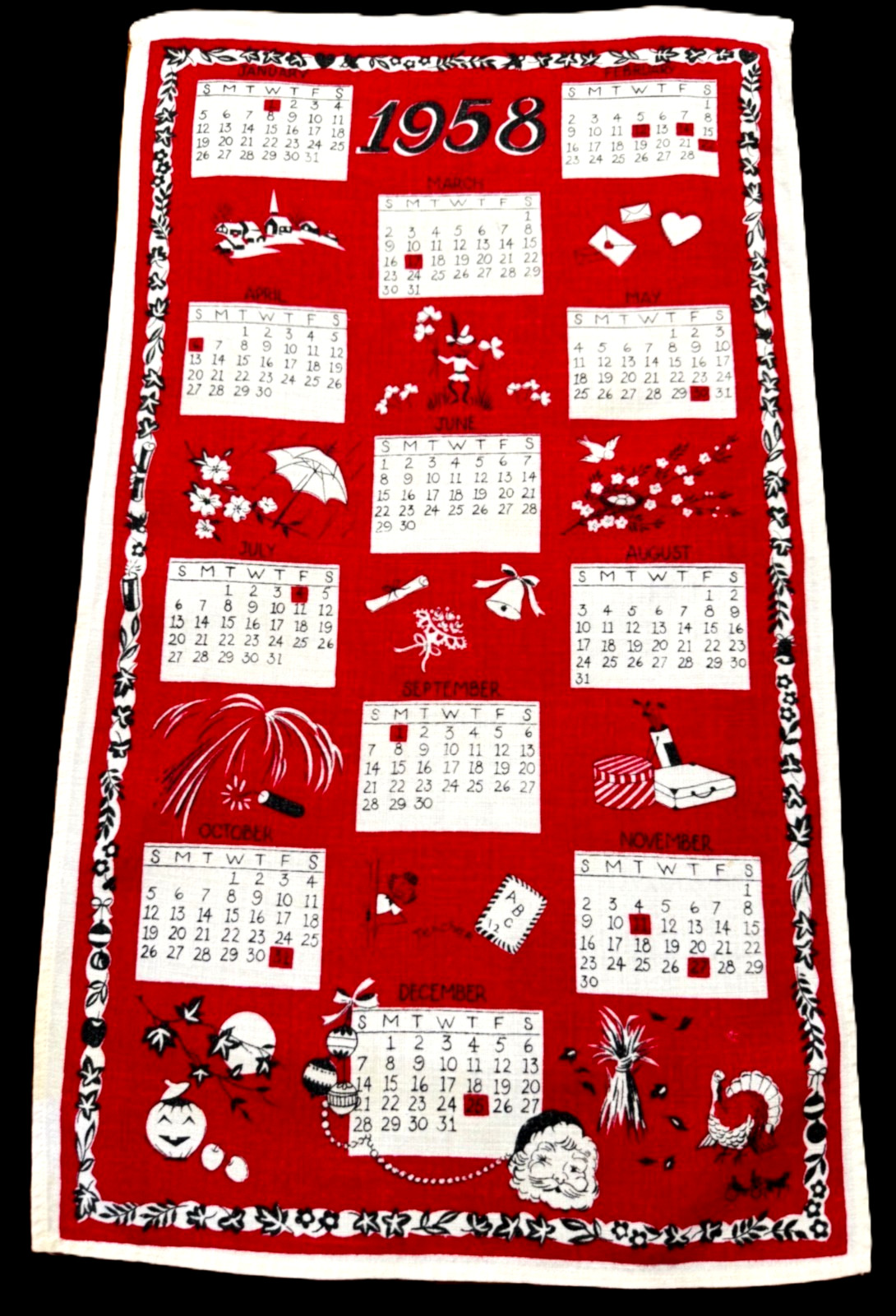 Vintage 1958 Linen Calendar Towel Tea Towel Wall Art MCM Graphics FAB