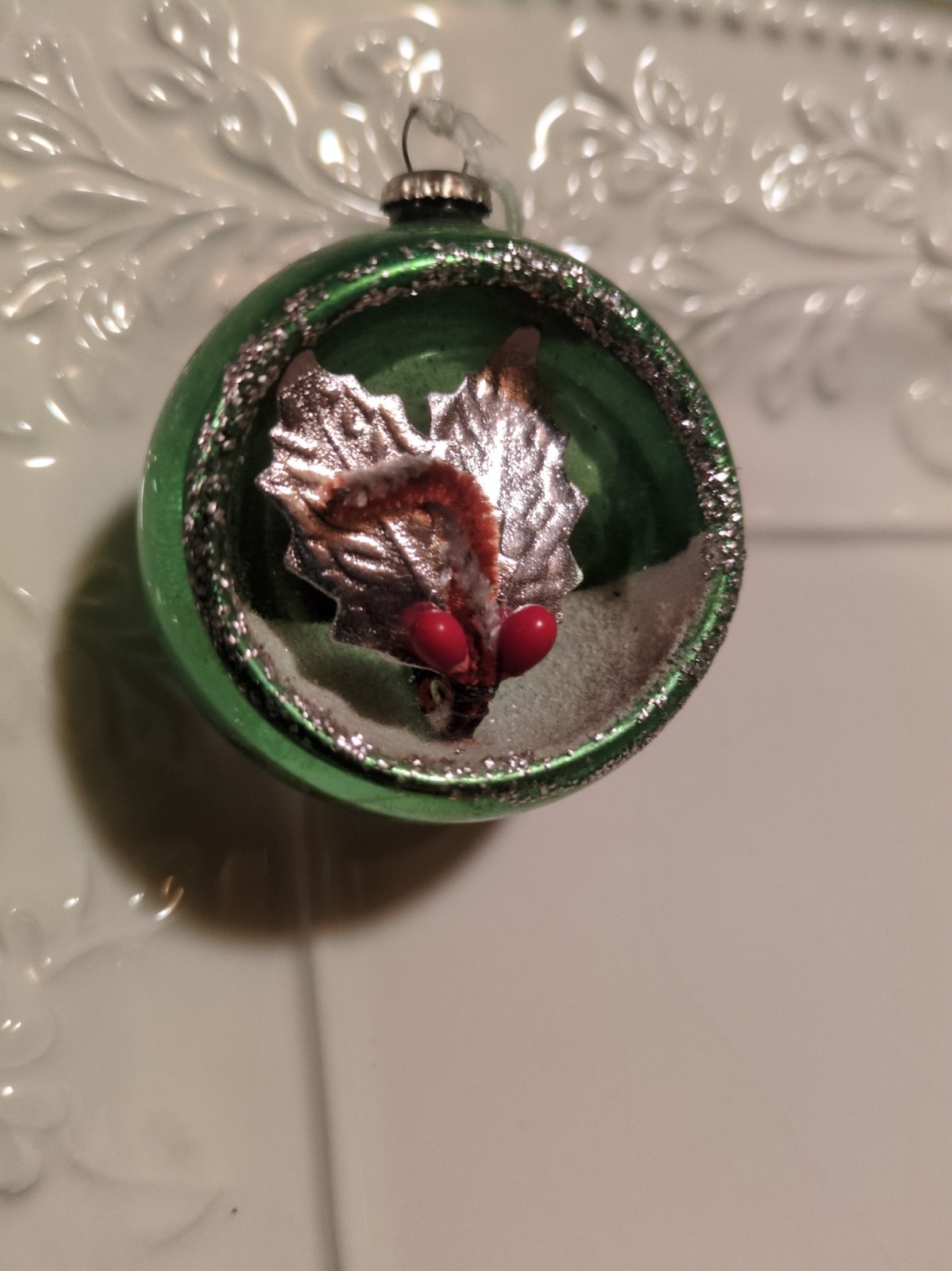 Vintage Mercury Glass Diorama Chenille Candy Cane Foil Leaves Christmas Ornament