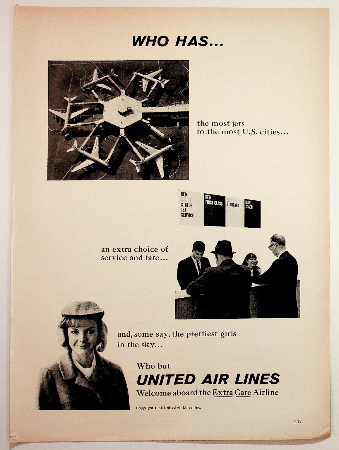 1965 United Air Lines Vintage Ad Extra Care Airline Jet Travel Ephemera