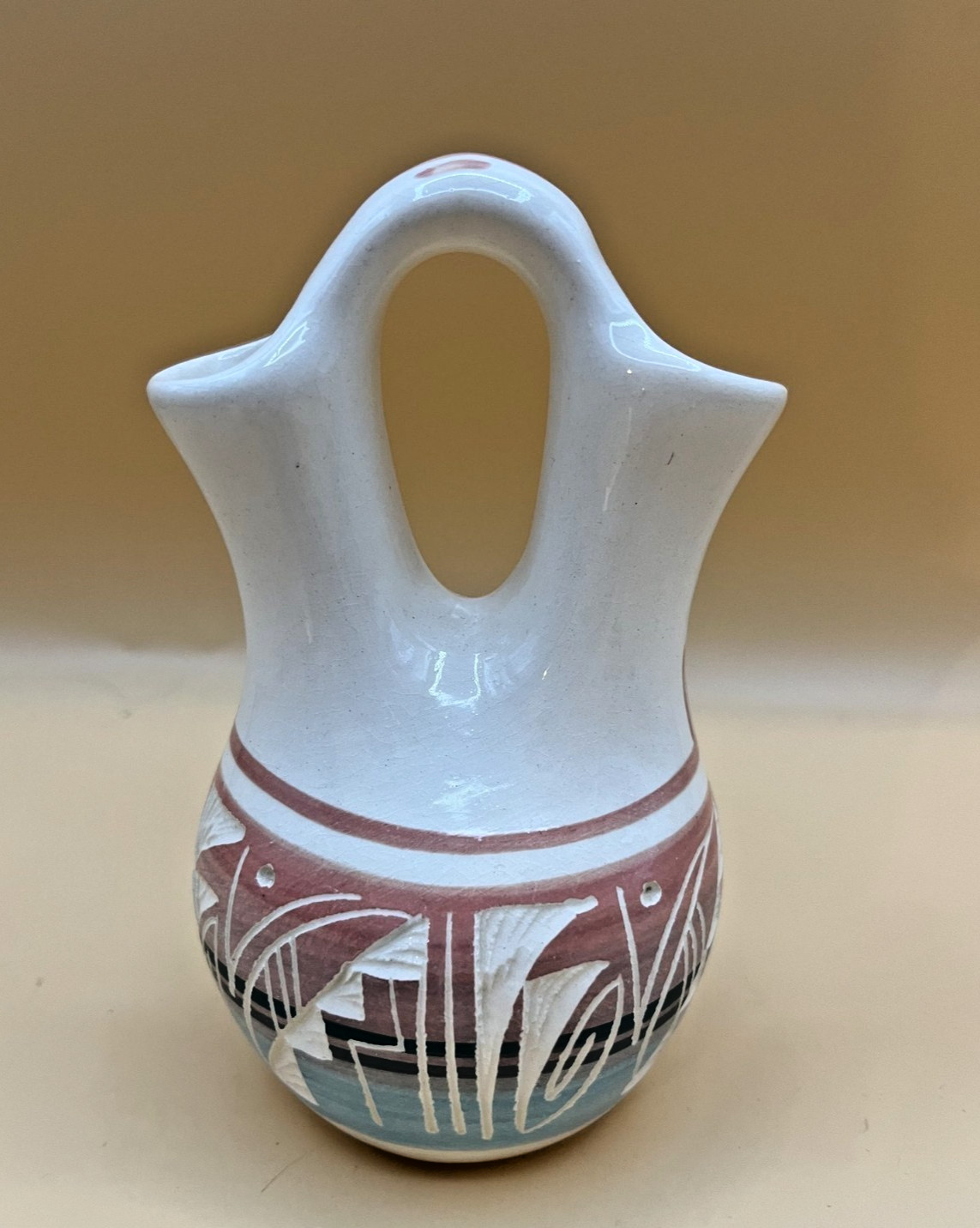 Etched Pottery Wedding Vase Signed Kanuho Navajo USA 5.5 in Double Spout