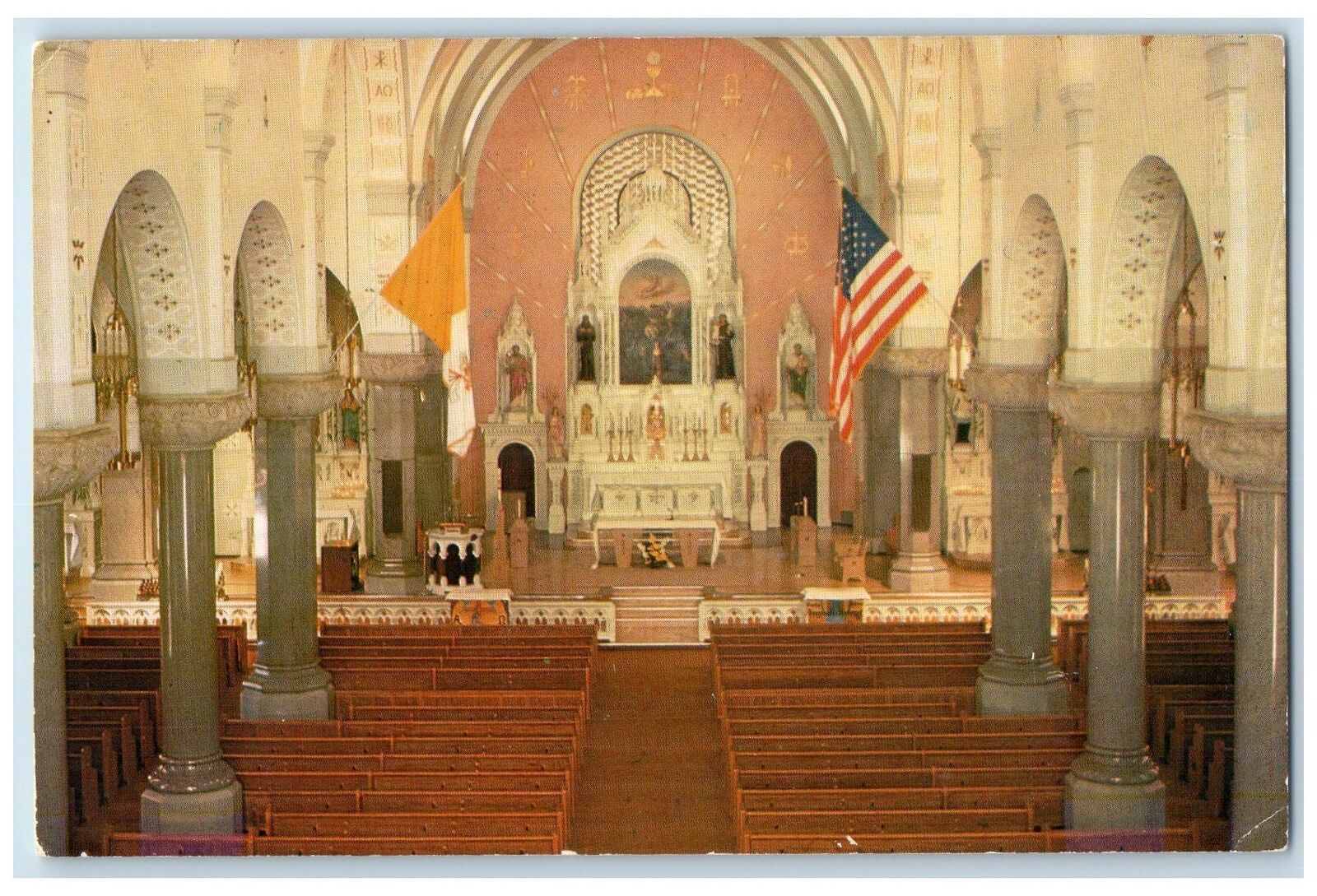 c1960s St. Fidelis Church Interior Flags Victoria Kansas KS Unposted Postcard