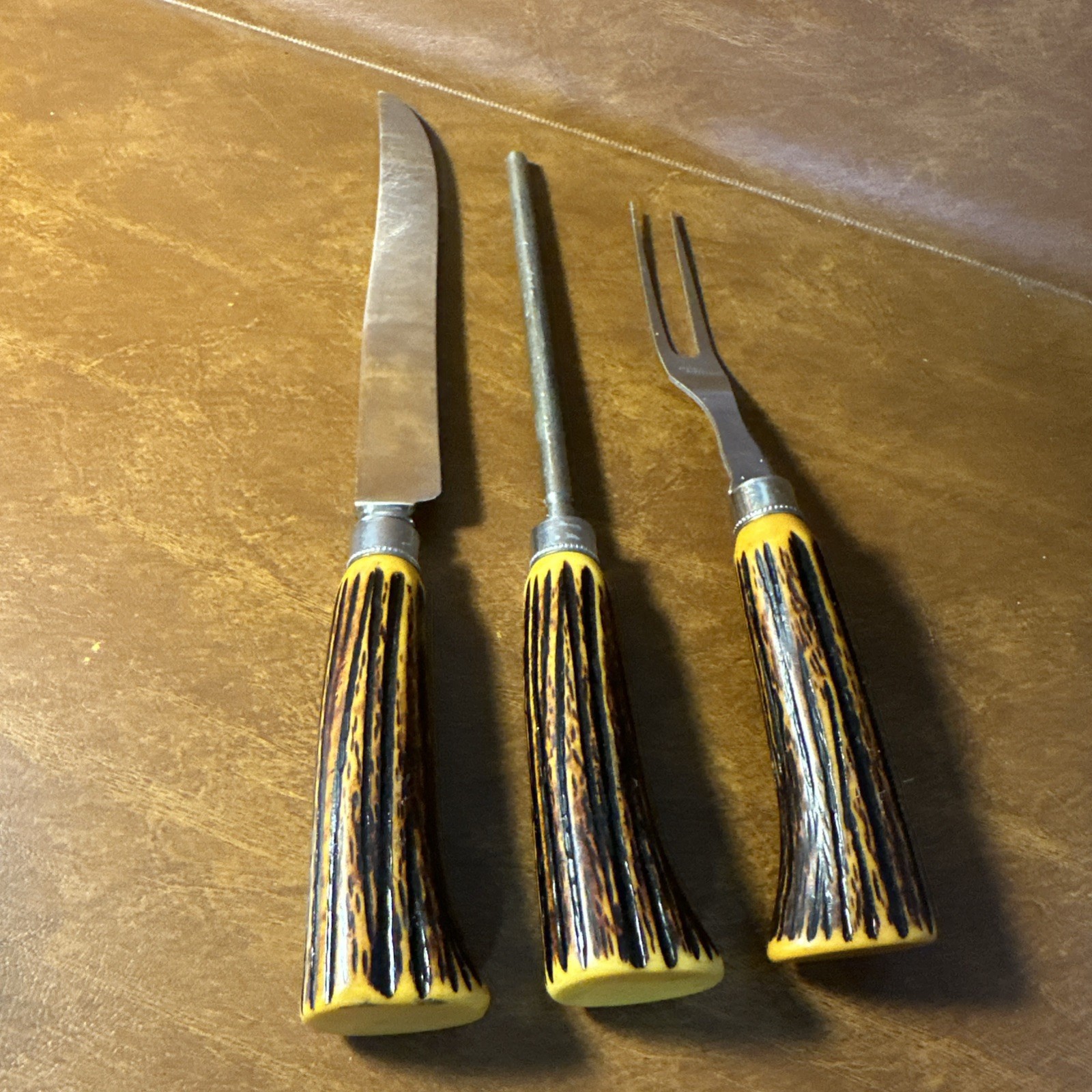 Bakelite Carving Set Sheffield England Stainless Faux Horn Vintage 3 Piece 13” Bakelite Carving Set Sheffield England Stainless Faux Horn Vintage 3 Piece 13”