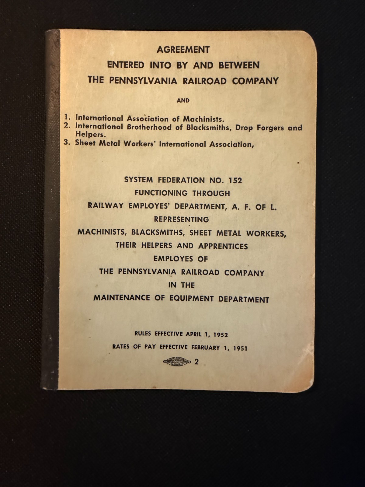 Agreement between PRR and machinists, welders and metal workers. 1952