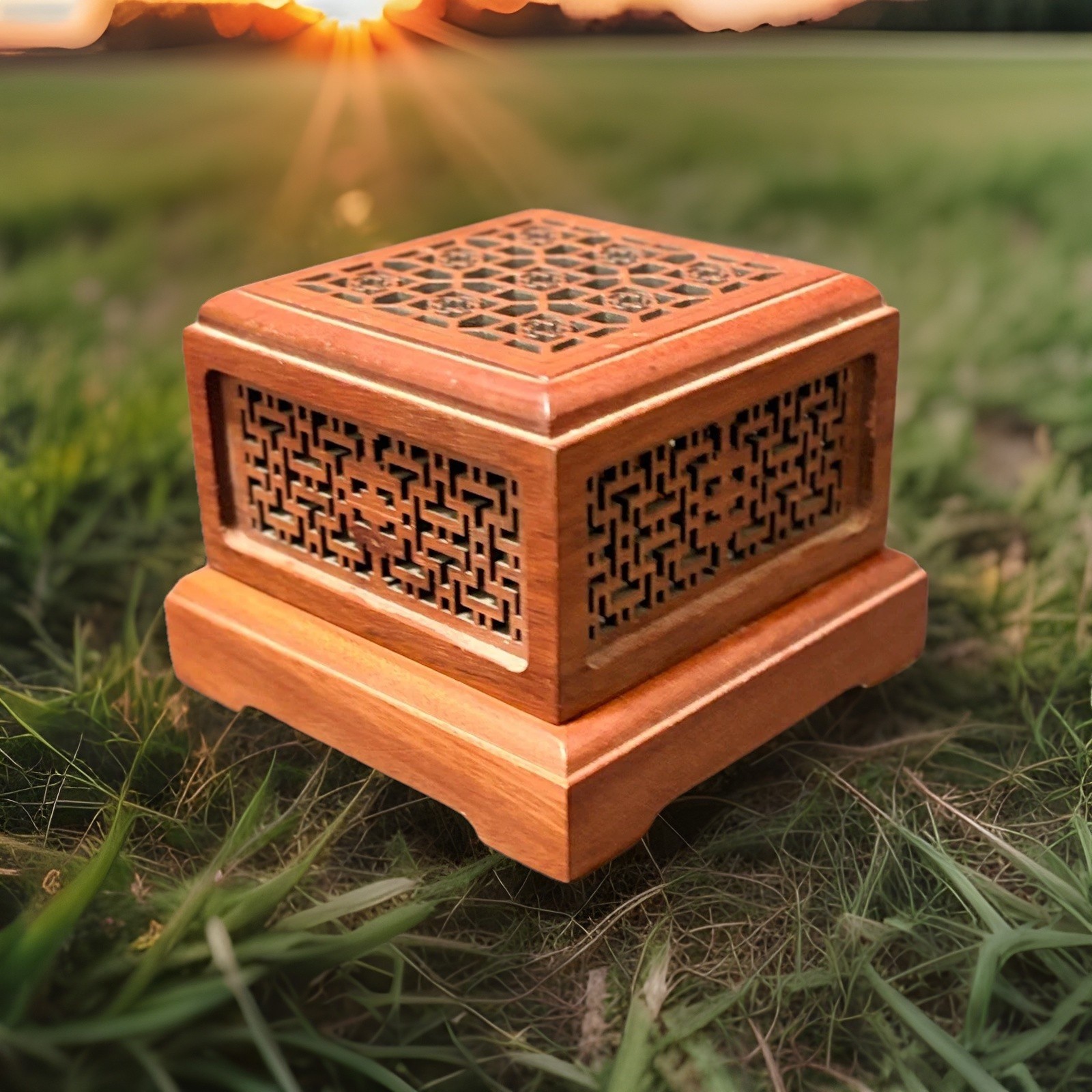 Vtg Carved Wood Incense Burner Box Lattice Fretwork Square Decorative Censer
