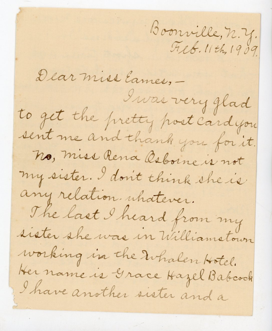 1909 Antique Handwritten Letter Boonville NY Student Anna Osborne Whalen Hotel