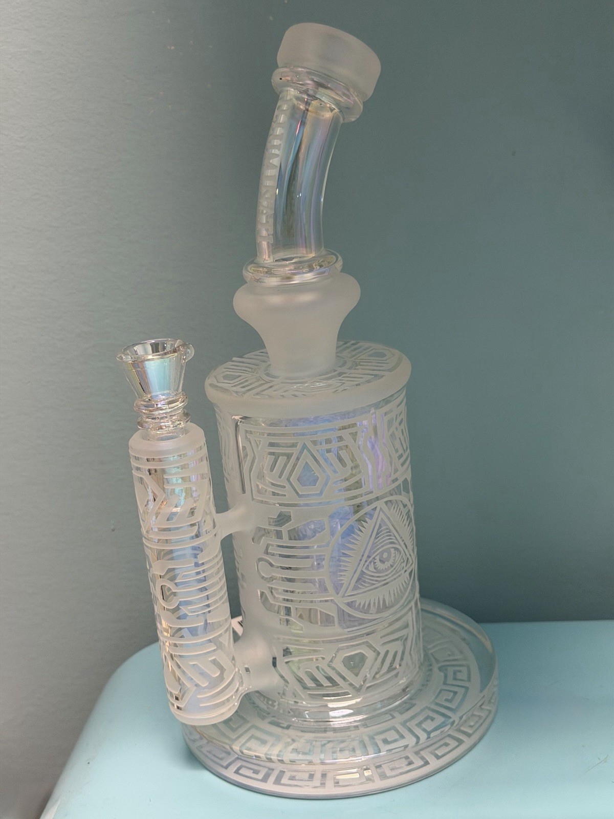 Illuminati Clear Etched Glass Water Pipe / Bubbler ~ Geometric Eye Design