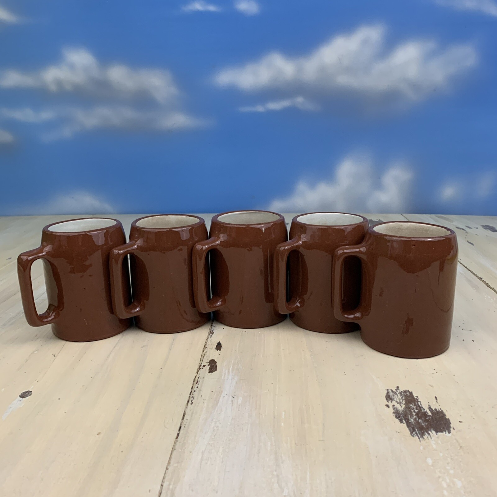 BUCKEYE POTTERY - Vtg Glazed Brown Stoneware 5 Coffee Cup Mug Lot - MUST SEE