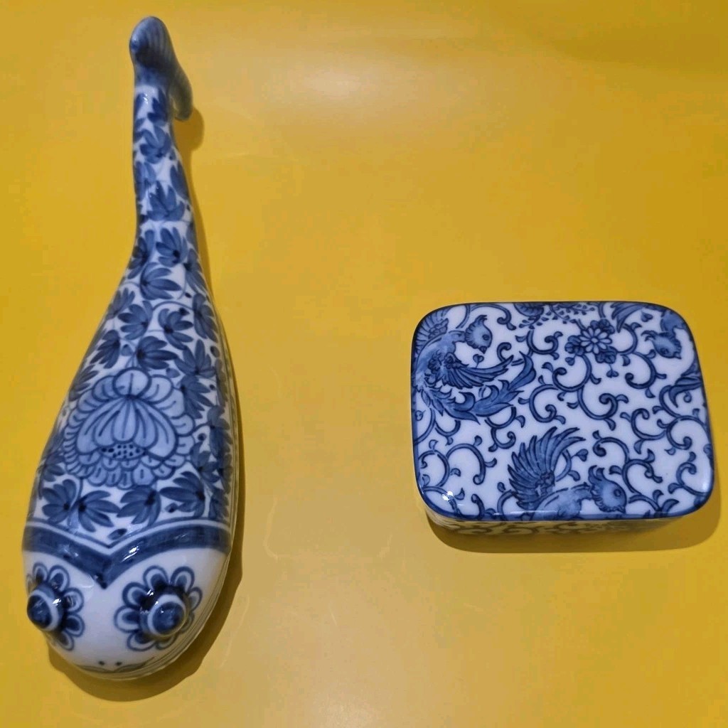 Chinoiserie Blue White Porcelain Whale Trinket Box & Floral Jewelry Box Set of 2