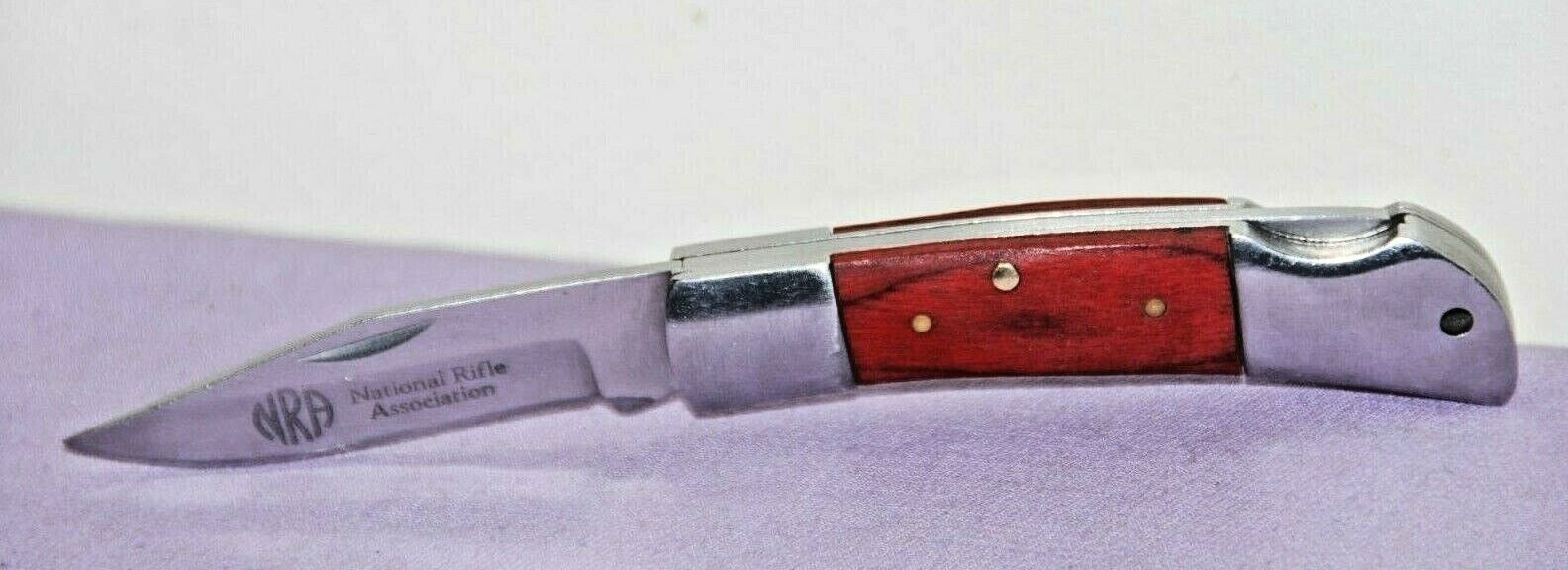 NRA 440 Stainless Folding Pocket Knife W/Wood Handle -- Great Condition