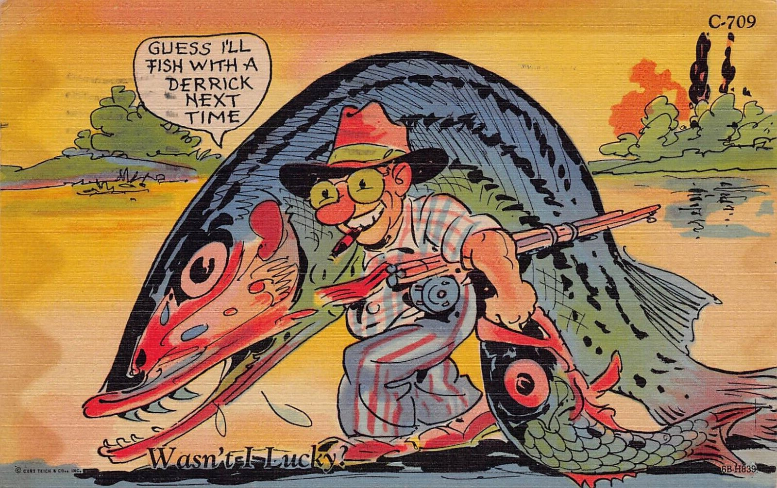 1952 Fish With Derrick Wasn’t I Lucky Exaggerated Comic Linen Postcard