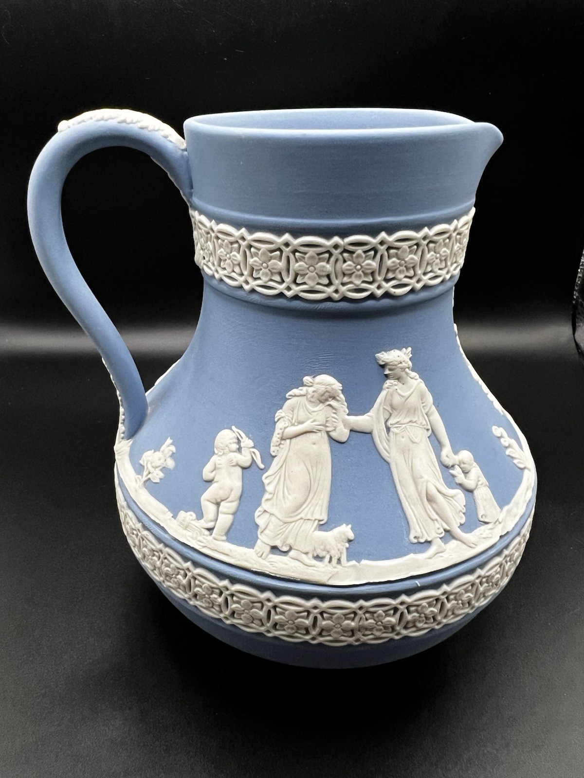 1979 Wedgwood Blue Jasperware Pitcher Jug White Relief England 5” Vintage