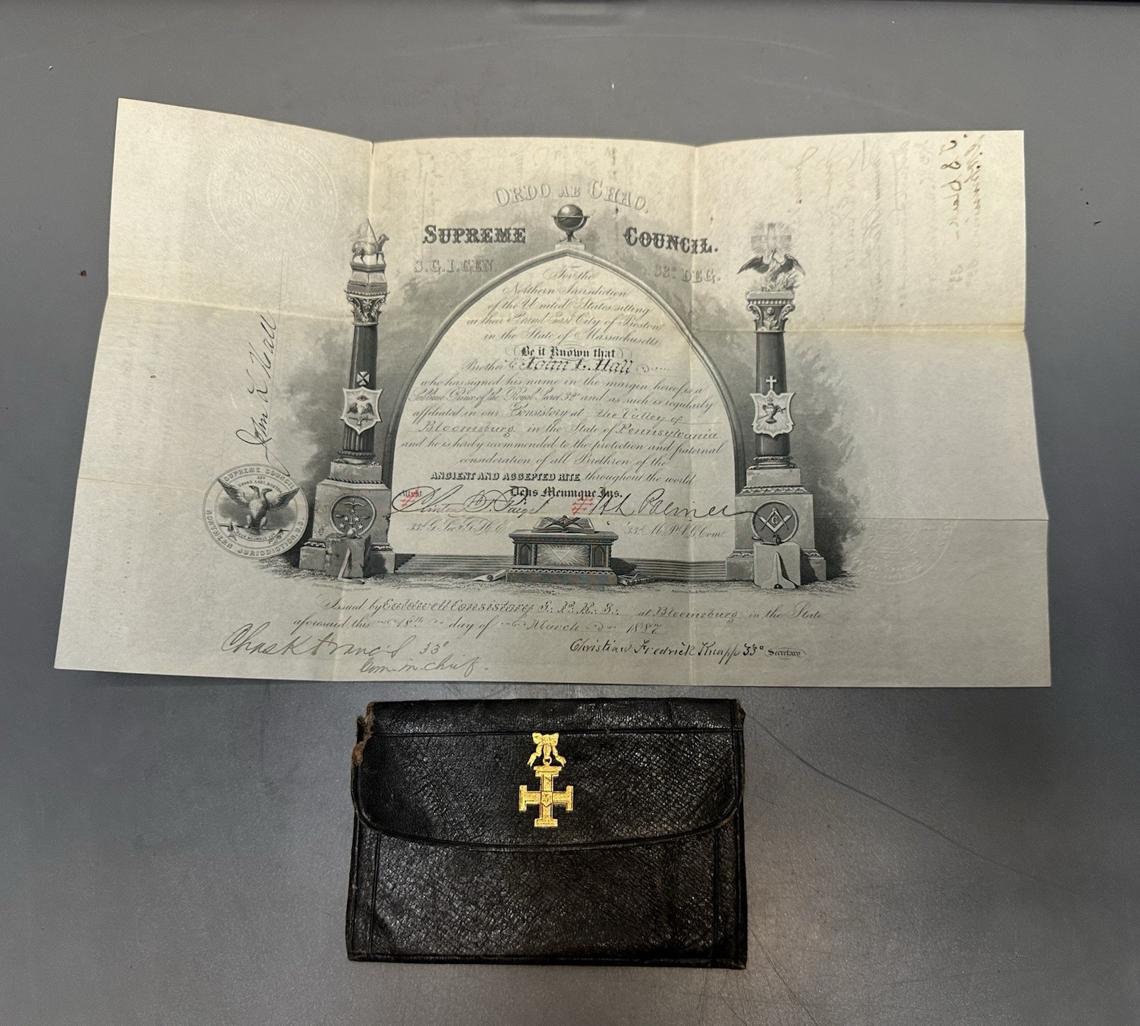 RARE 1887 Scottish Rite 33° Masonic Certificate Buchanan Codding Webber Signed