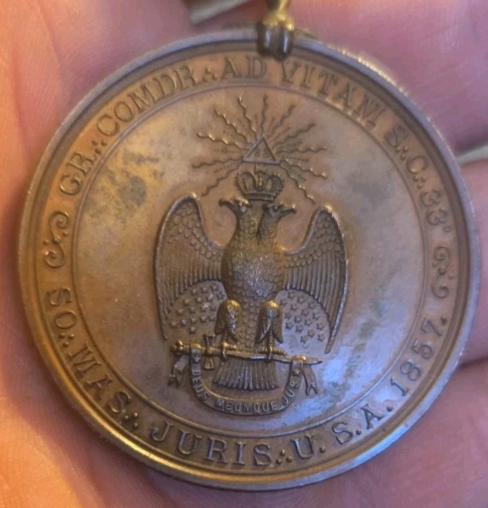 Extremely Rare Albert Pike 33 Degree Masonic Medal With Pin Double Headed Eagle