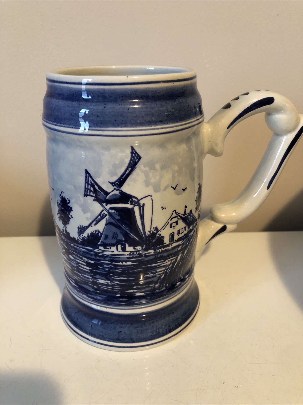 Vintage Delft Blauw Hand Painted Holland Ceramic Stein Windmill 6.5” EUC