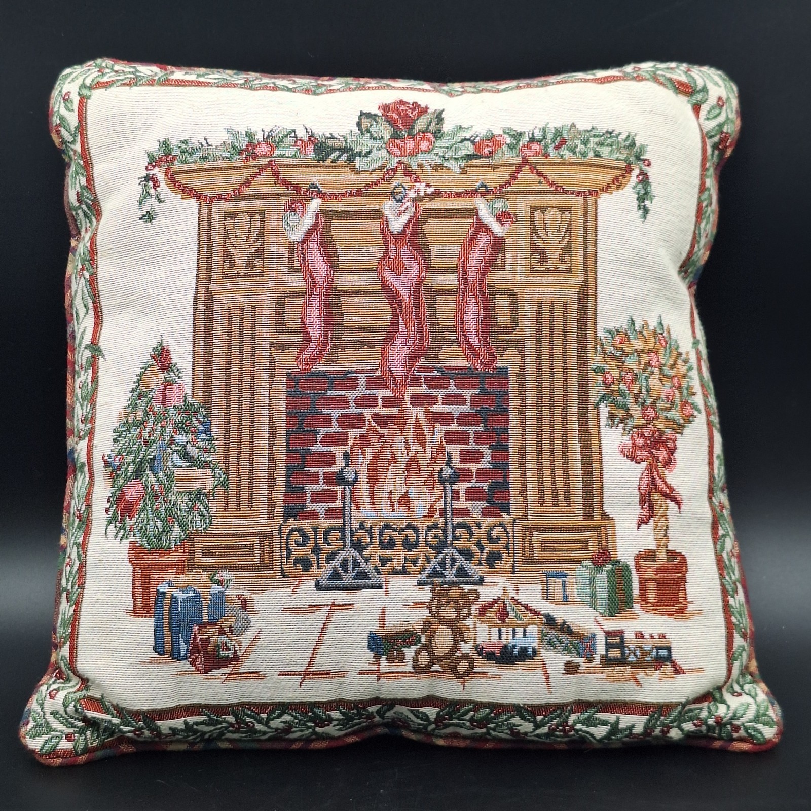 Vintage Tapestry Throw Pillow Christmas Fireplace Stockings Plaid Holiday Decor