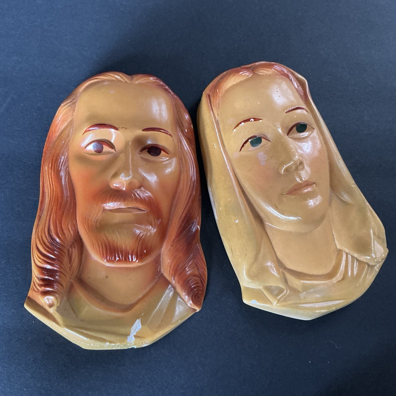 Vintage Chalkware Jesus & Virgin Mary Wall Plaques Miller Studios 1955 MCM