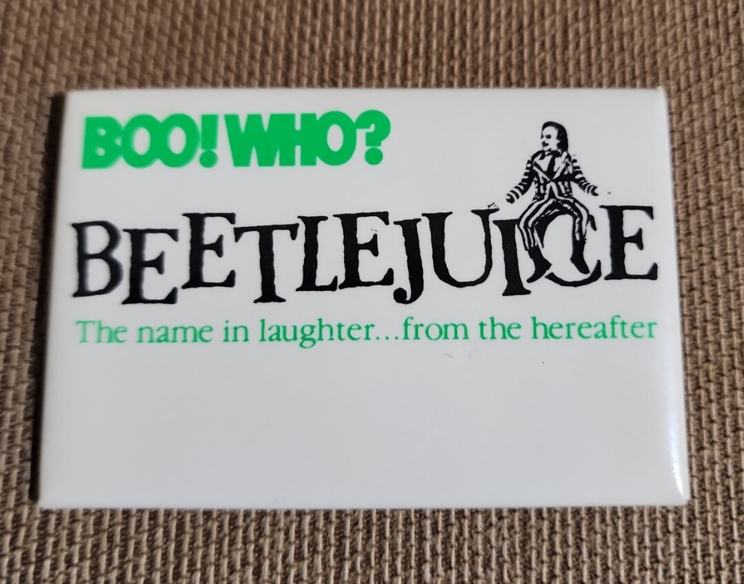 Vtg Beetlejuice Movie Film Promo Pinback Button Boo Who? Name Badge Theater 90s