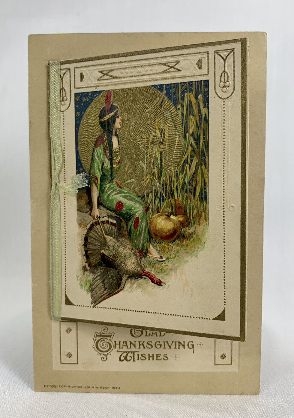RARE Appliqué Thanksgiving Native Greetings Postcard SCHMUCKER WINSCH 1914 Mint