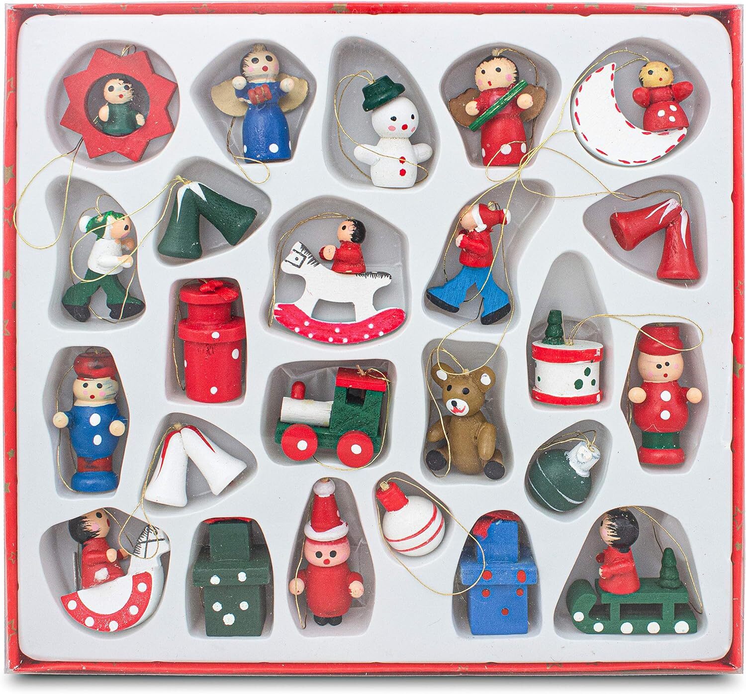 BRUBAKER Wooden Christmas Tree Ornaments - 24 Pieces - Hand-Painted Figurines