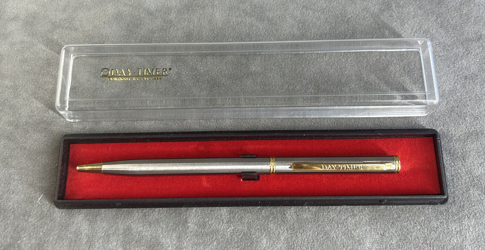 Vintage Day-Timer Ball Point Twist Pen Silvertone & Gold Trim Chrome Stainless