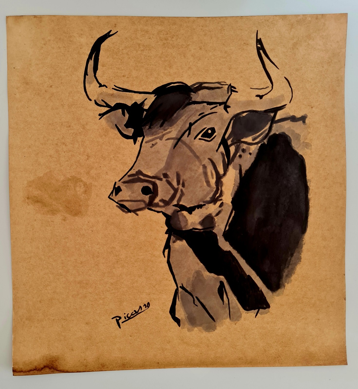 PABLO PICASSO,HANDMADE INK DRAWING  ON OLD CARDBOARD,  SIGNED, STAMPED 