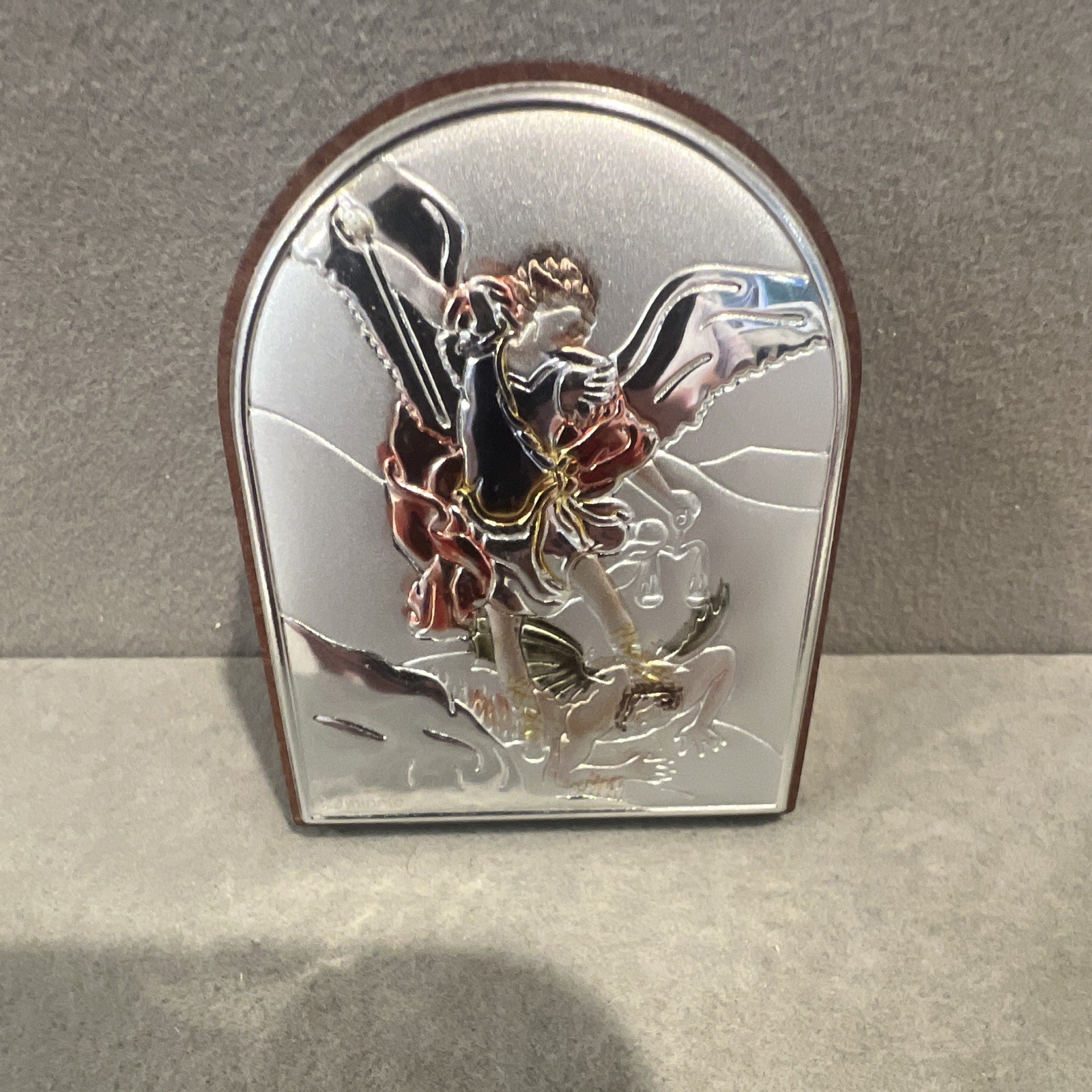 Laminato St. Michael Archangel Silver Tone Icon Plaque on Wood Stand
