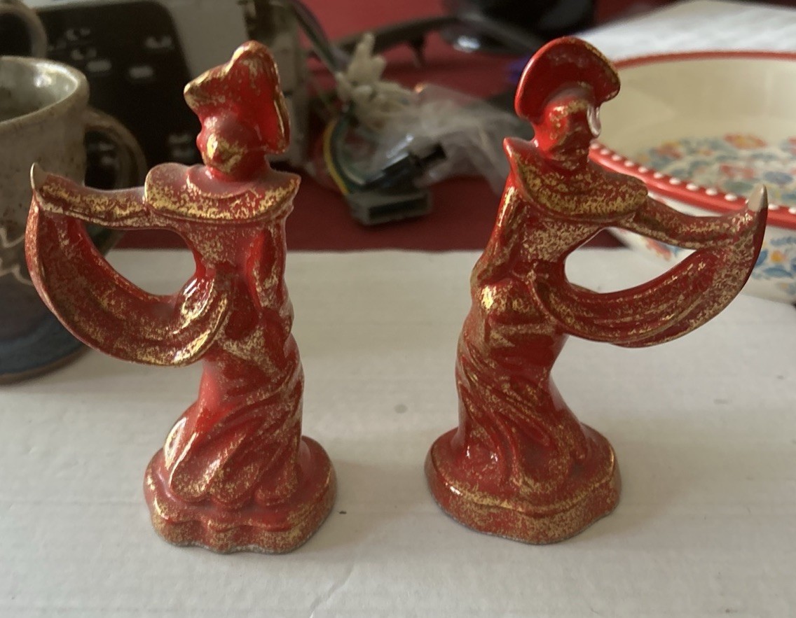 Pair Of MCM VTG Gilner Ceramic Asian Siam Dancers Red and Gold Figures USA