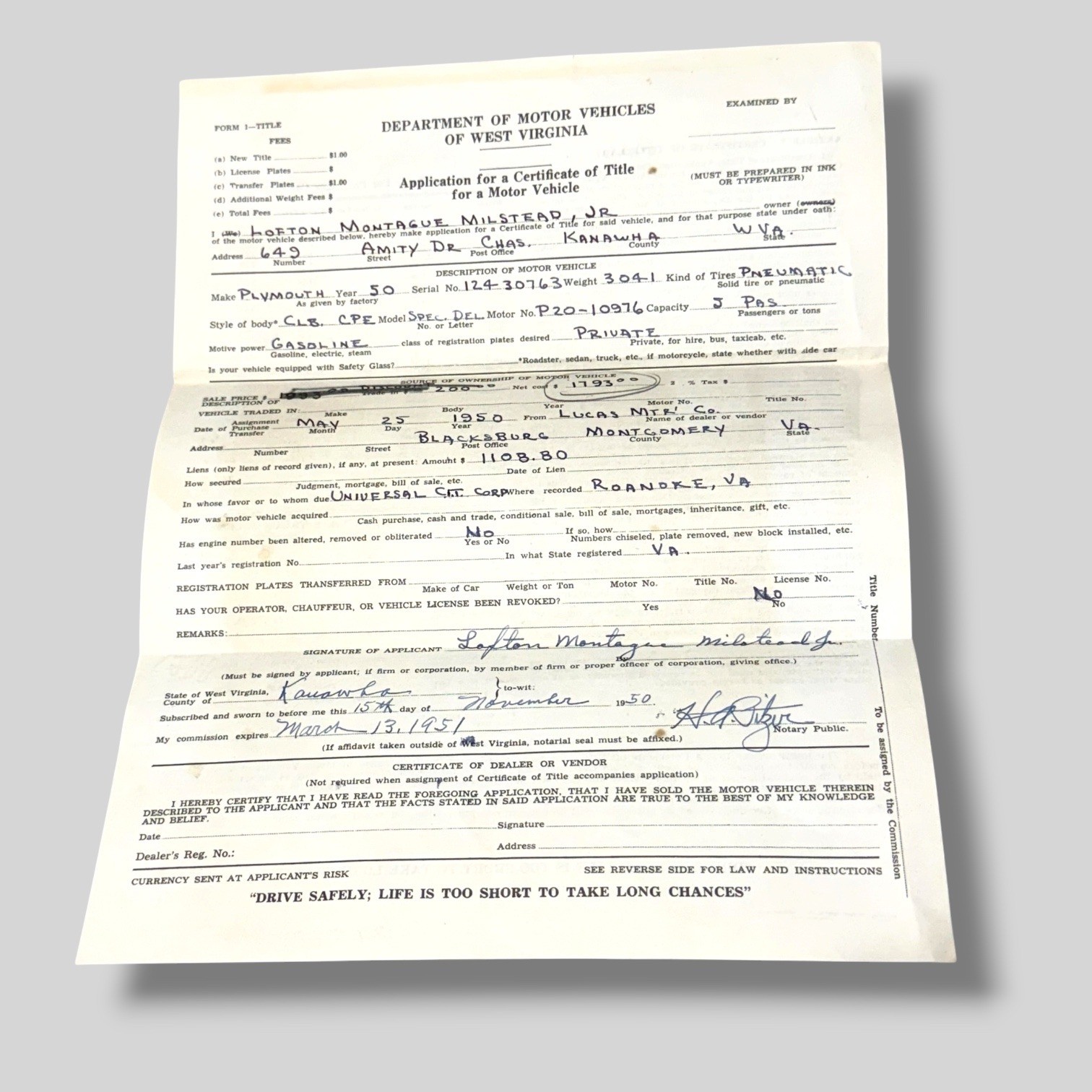 Vintage 1950 West Virginia Car Title Application 1950 Plymouth Special Deluxe JX