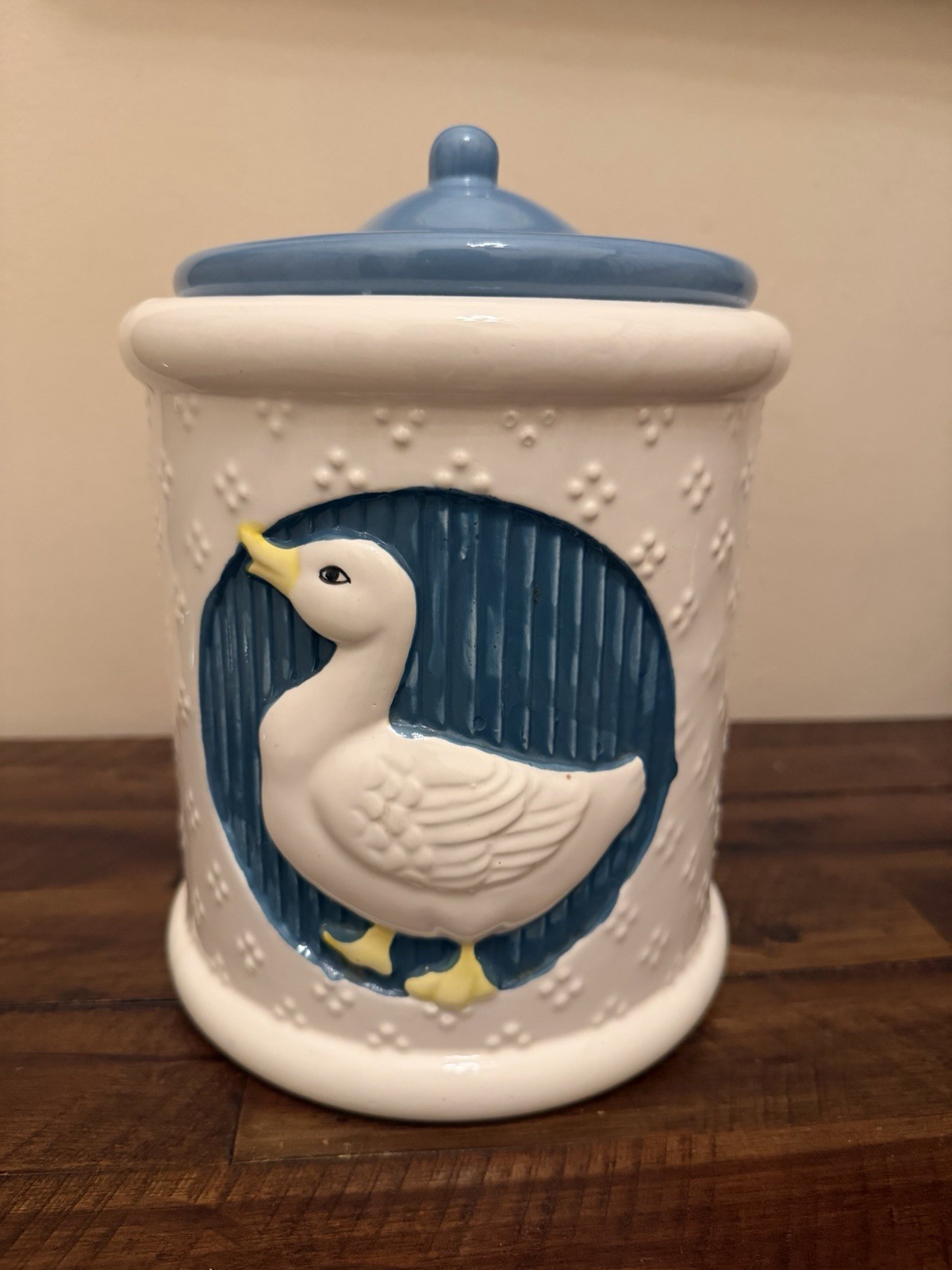 Vtg White Blue Goose Duck Ceramic Cookie Jar Canister Lid Country Farmhouse