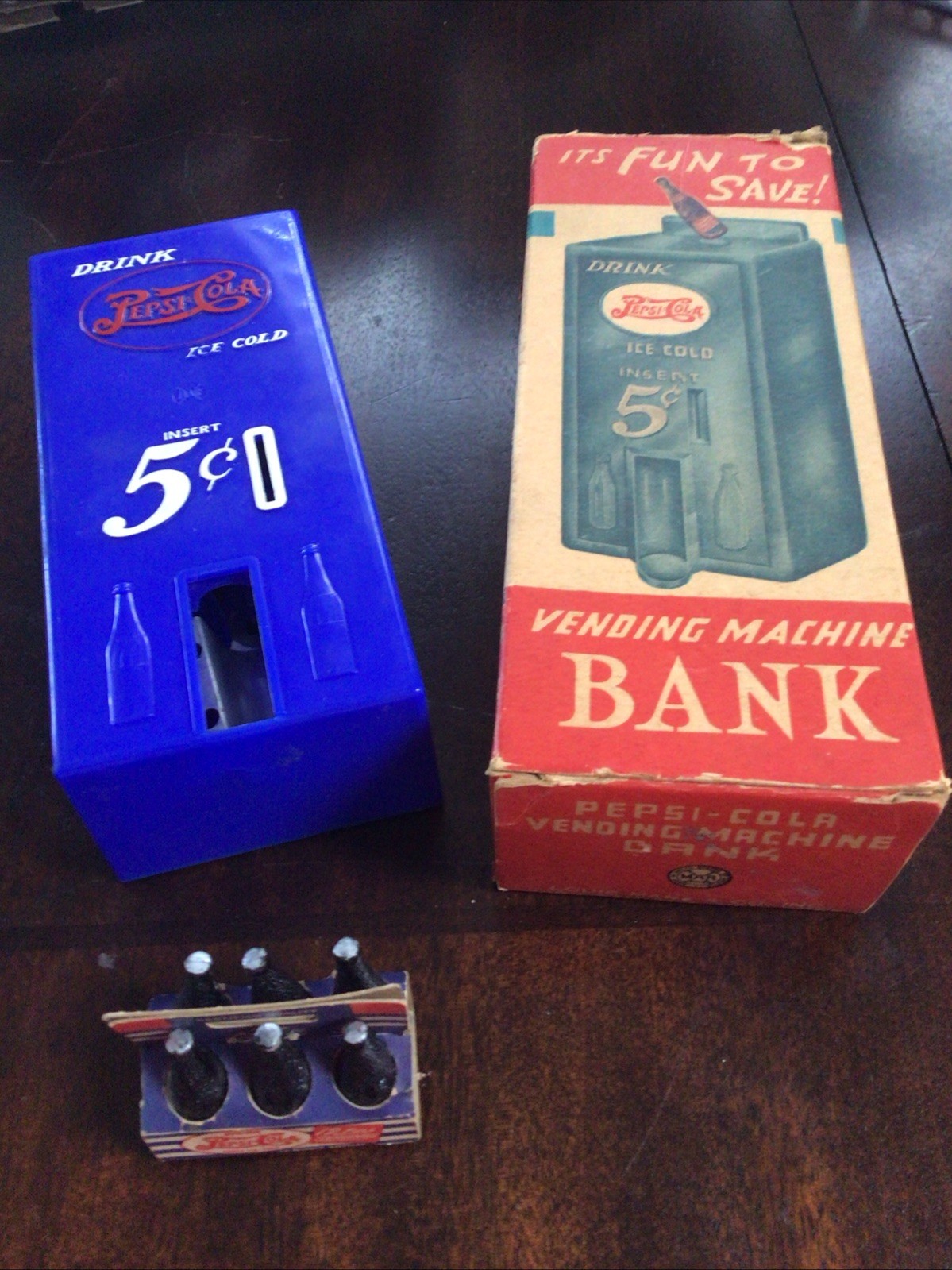 1940’s Pepsi Cola Marx Bank, 6 Pack Mini Bottles & Original Box