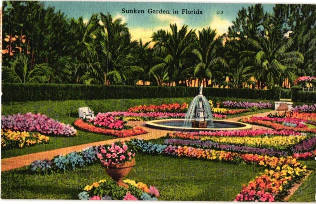 Vintage Sunken Gardens In Florida Linen Postcard
