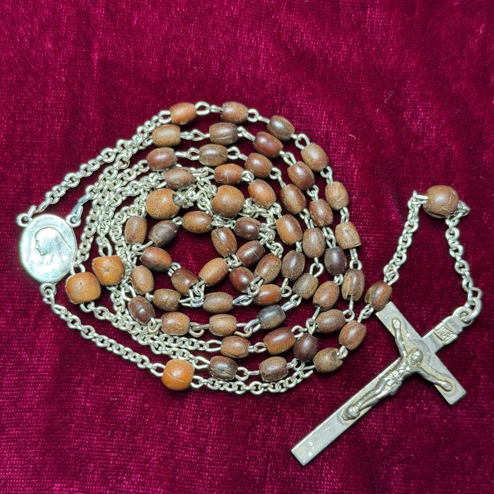 Vintage DiRoma Sterling Coco Wood Pinch Beads Catholic Rosary 22in Vintage DiRoma Sterling Coco Wood Pinch Beads Catholic Rosary 22in