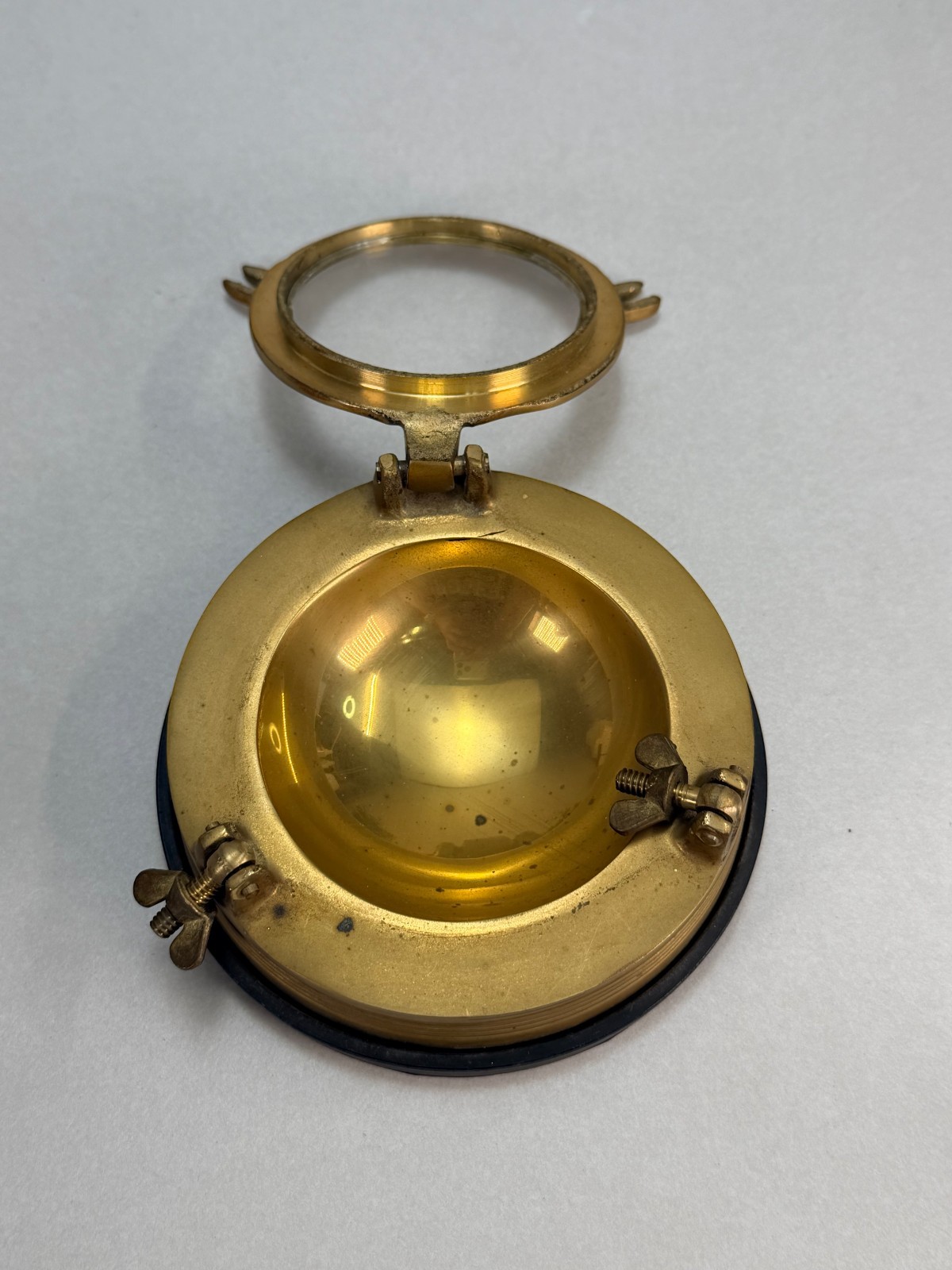 Penco Brass Porthole Ashtray Glass Lid New Bedford Mass Nautical Vintage