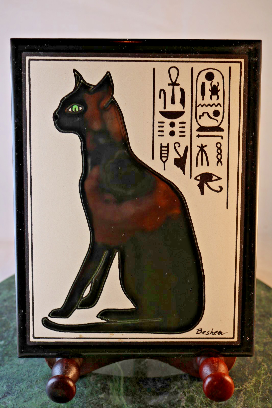 Vintage Besheer Hand Signed Art Tile Egyptian Cat 8x6 Wall Plaque Decor
