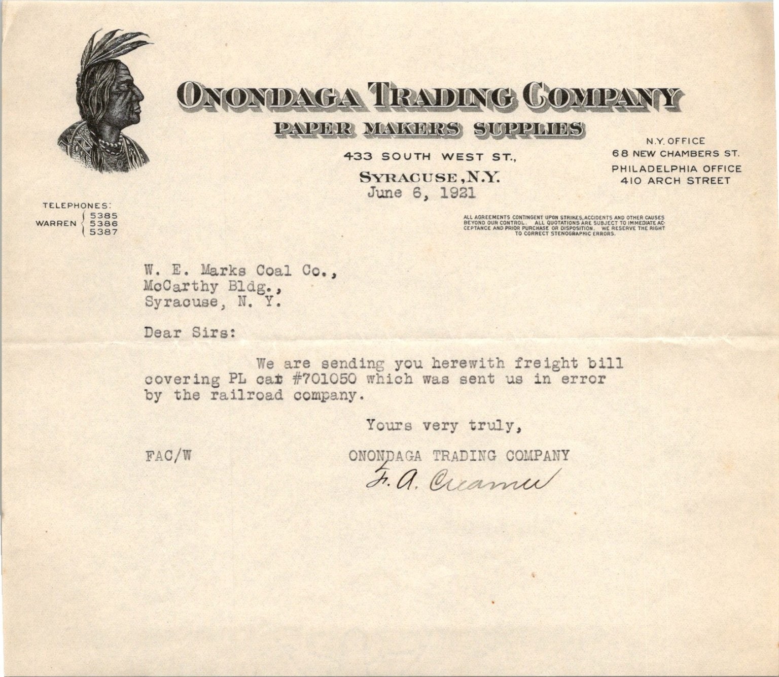 1921 Onondaga Trading Co Letterhead Syracuse NY Native American Image 1921 Onondaga Trading Co Letterhead Syracuse NY Native American Image